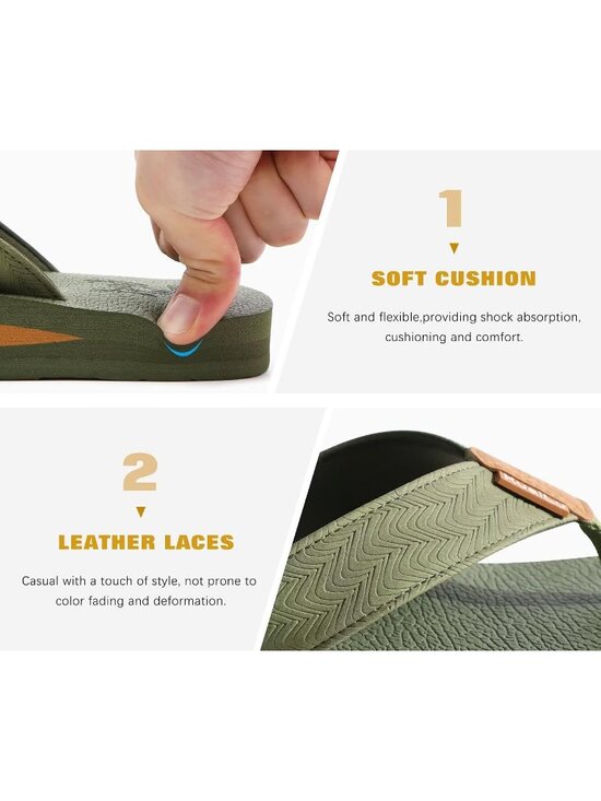 Men Army Green Yoga Mat Leather Flip Flops Slip On Indoor Outdoor Sandal Slipper